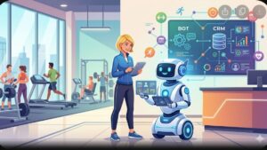 Современная иллюстрация процесса интеграции чат-бота с CRM-системой для автоматизации работы фитнес-центра
