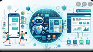 Современная иллюстрация процесса интеграции чат-бота с CRM-системой для управления фитнес-центром в минималистичном стиле